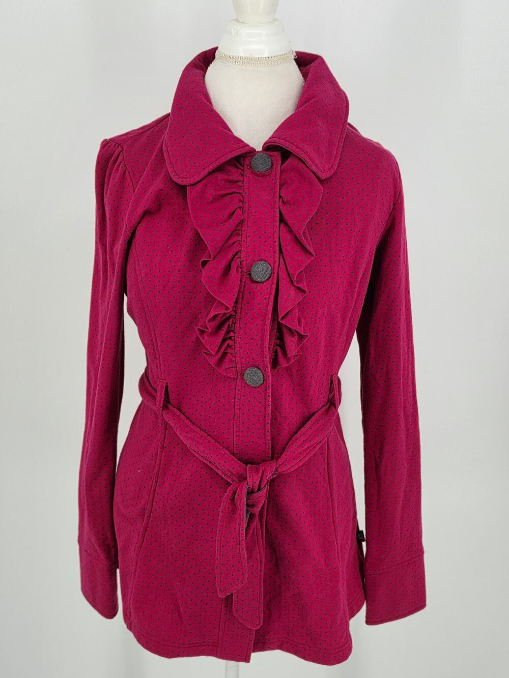 L.A. Kitty Jacket Medium M Magenta Pink Polka Dot Ruffle Tie Belt Trench Coat